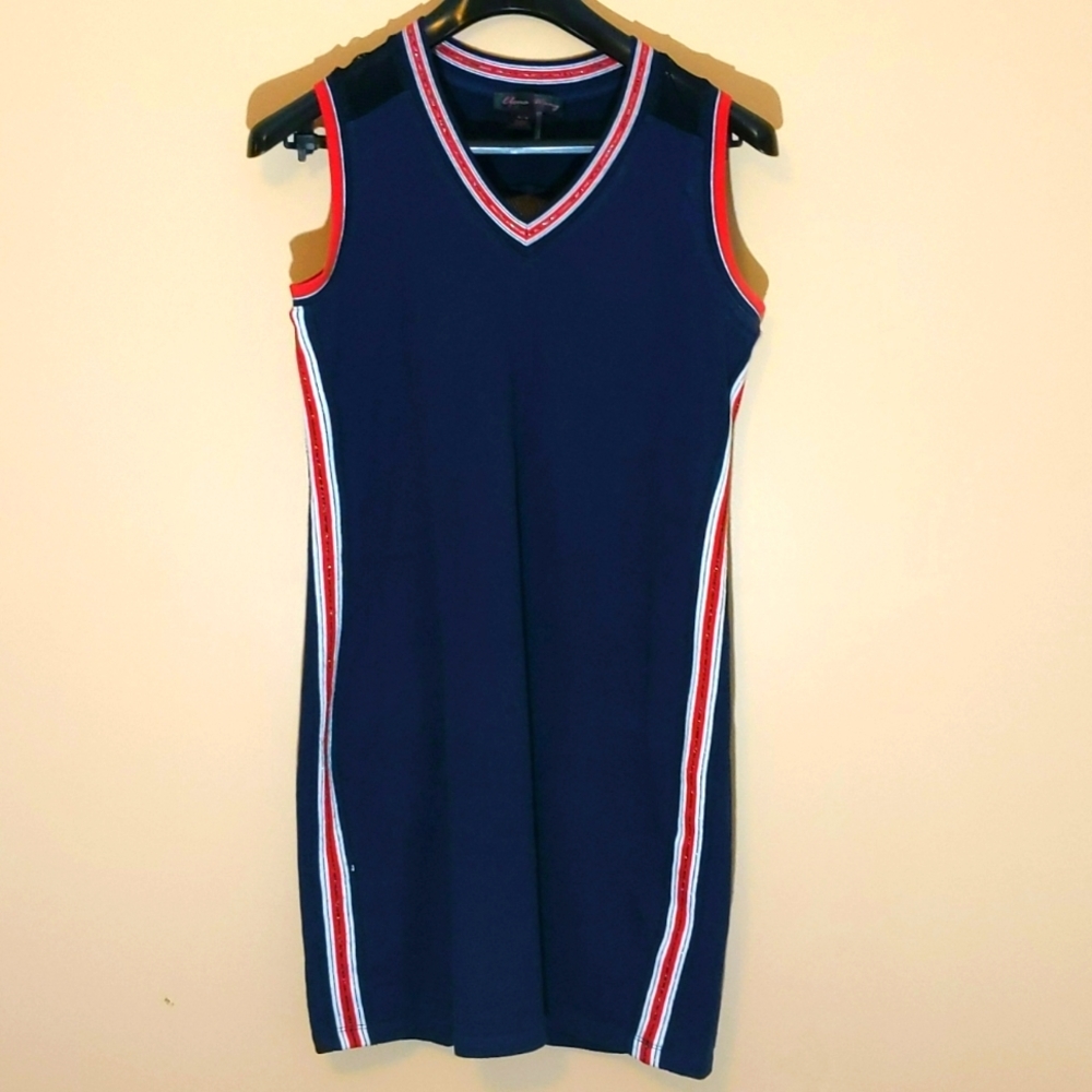 Elena Wang| Blue Sleeveless Golf Dress with Red and White Stripes